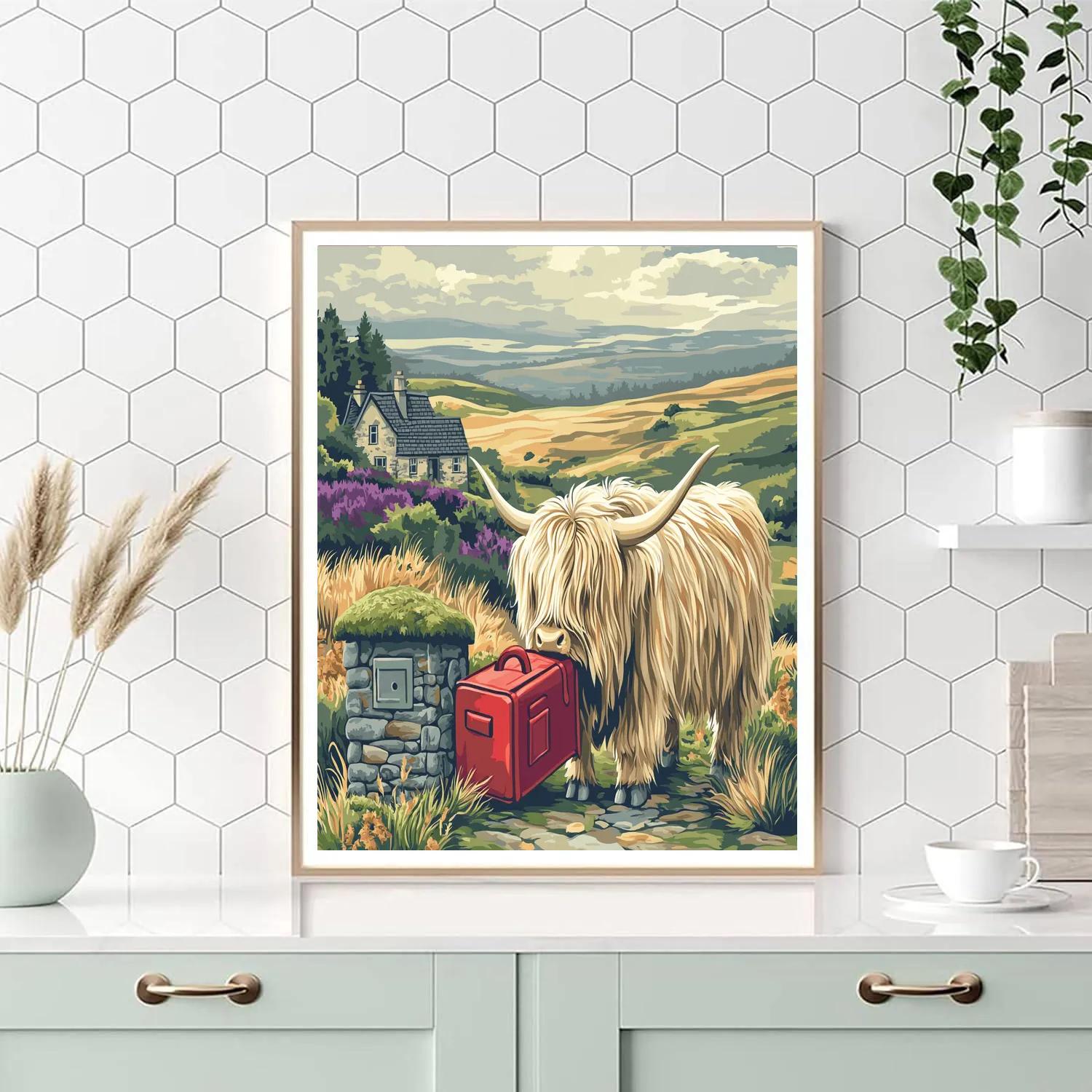 Highland Cow Postmaster At The Moorland Mailbox painting number kit