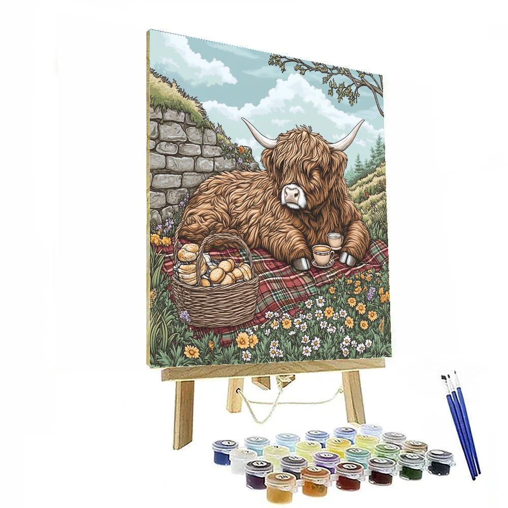 Tea Picnic With Highland Cow In Tartan Meadow painting number kit