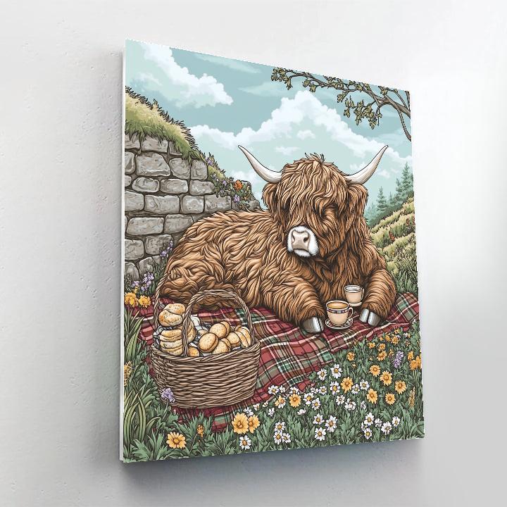 Tea Picnic With Highland Cow In Tartan Meadow painting number kit