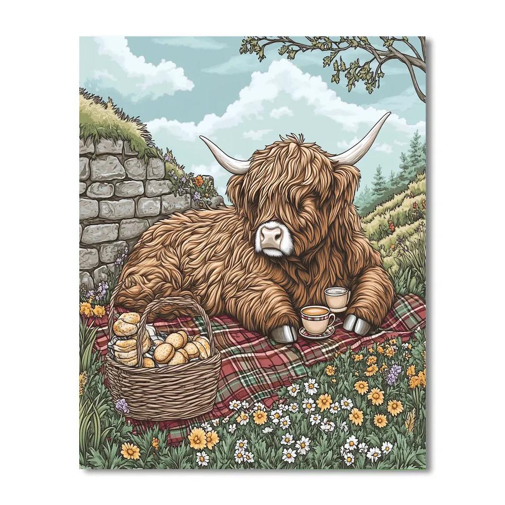 Tea Picnic With Highland Cow In Tartan Meadow painting number kit
