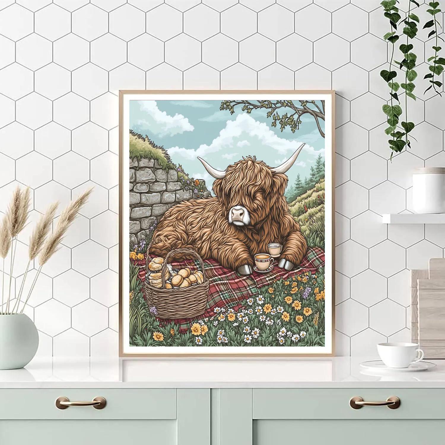 Tea Picnic With Highland Cow In Tartan Meadow painting number kit