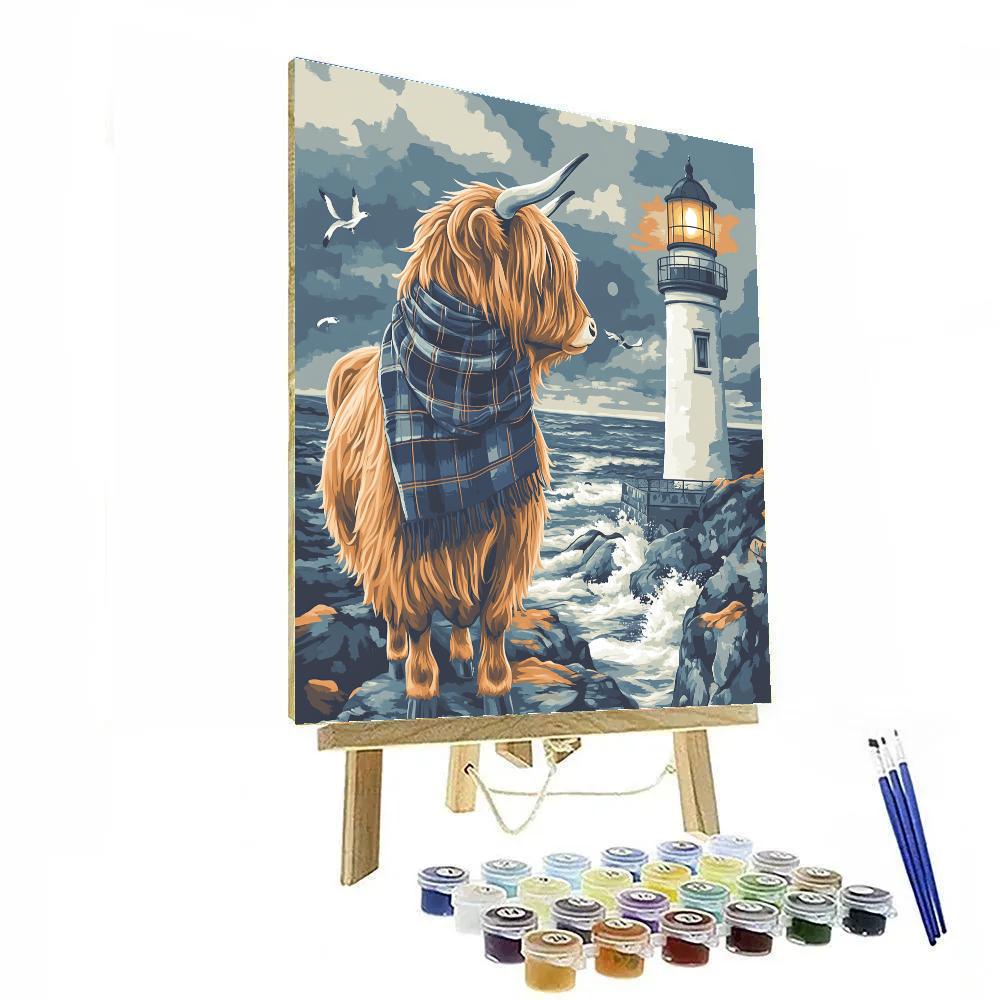 Lighthouse Keeper Highland Cow On Windy Cliffs Numbered painting kits