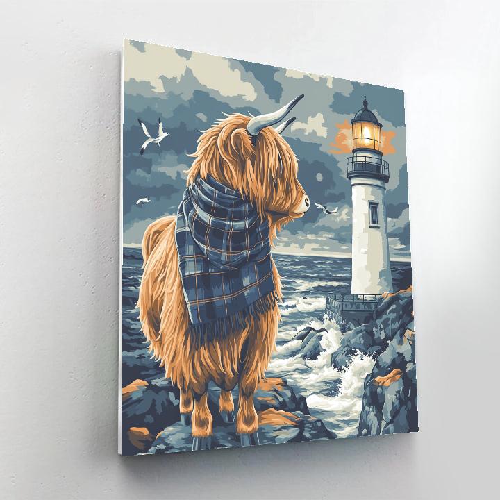 Lighthouse Keeper Highland Cow On Windy Cliffs Numbered painting kits