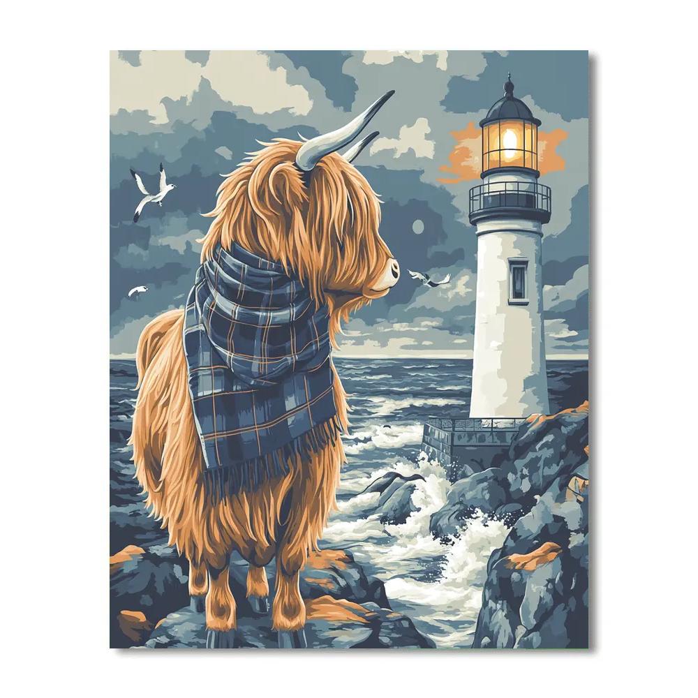 Lighthouse Keeper Highland Cow On Windy Cliffs Numbered painting kits