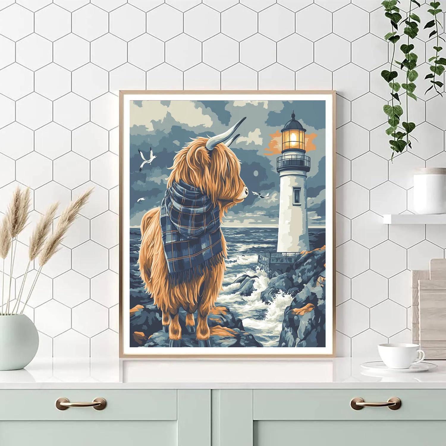 Lighthouse Keeper Highland Cow On Windy Cliffs Numbered painting kits