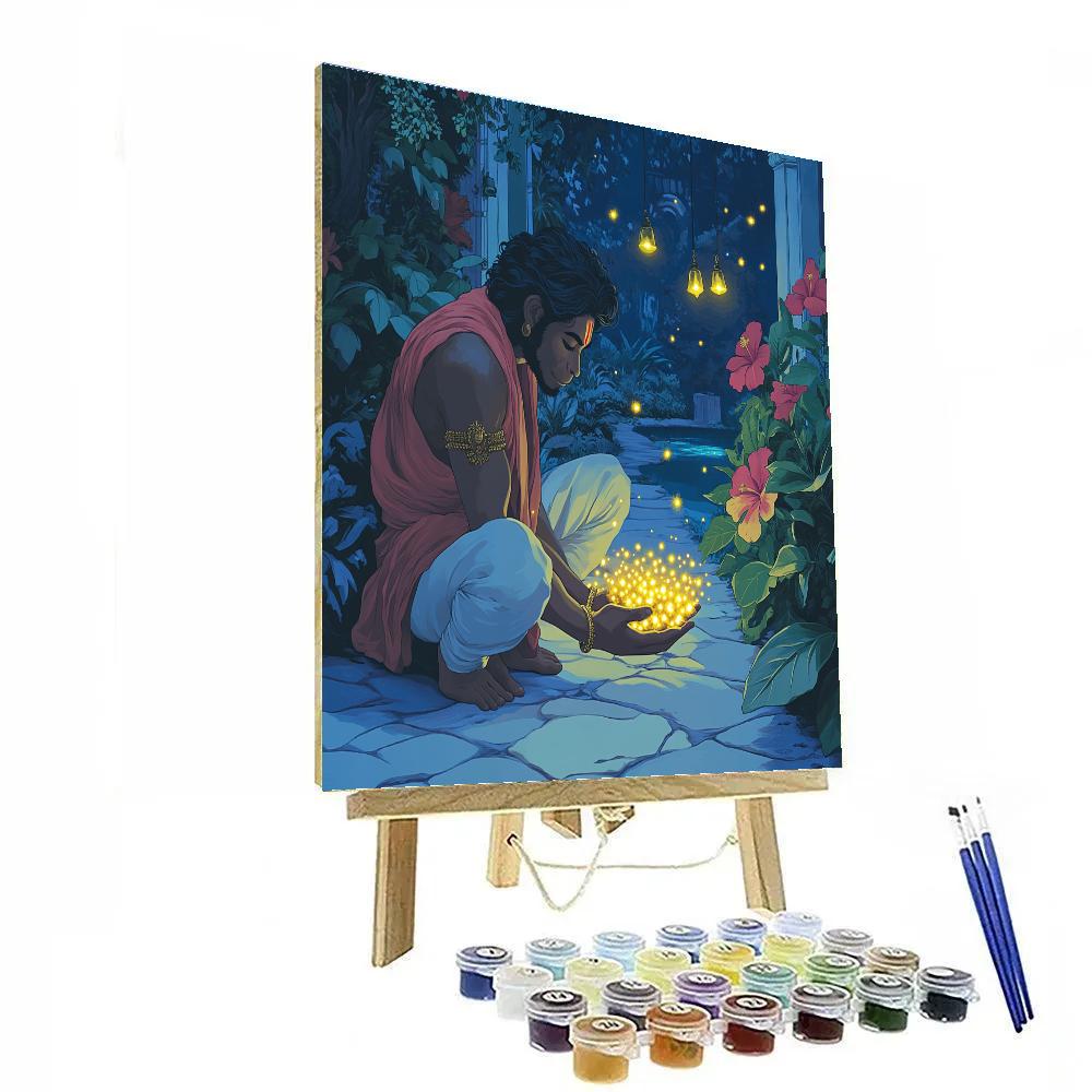 Temple Garden With Hanuman And Fireflies painting number kit