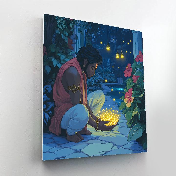 Temple Garden With Hanuman And Fireflies painting number kit