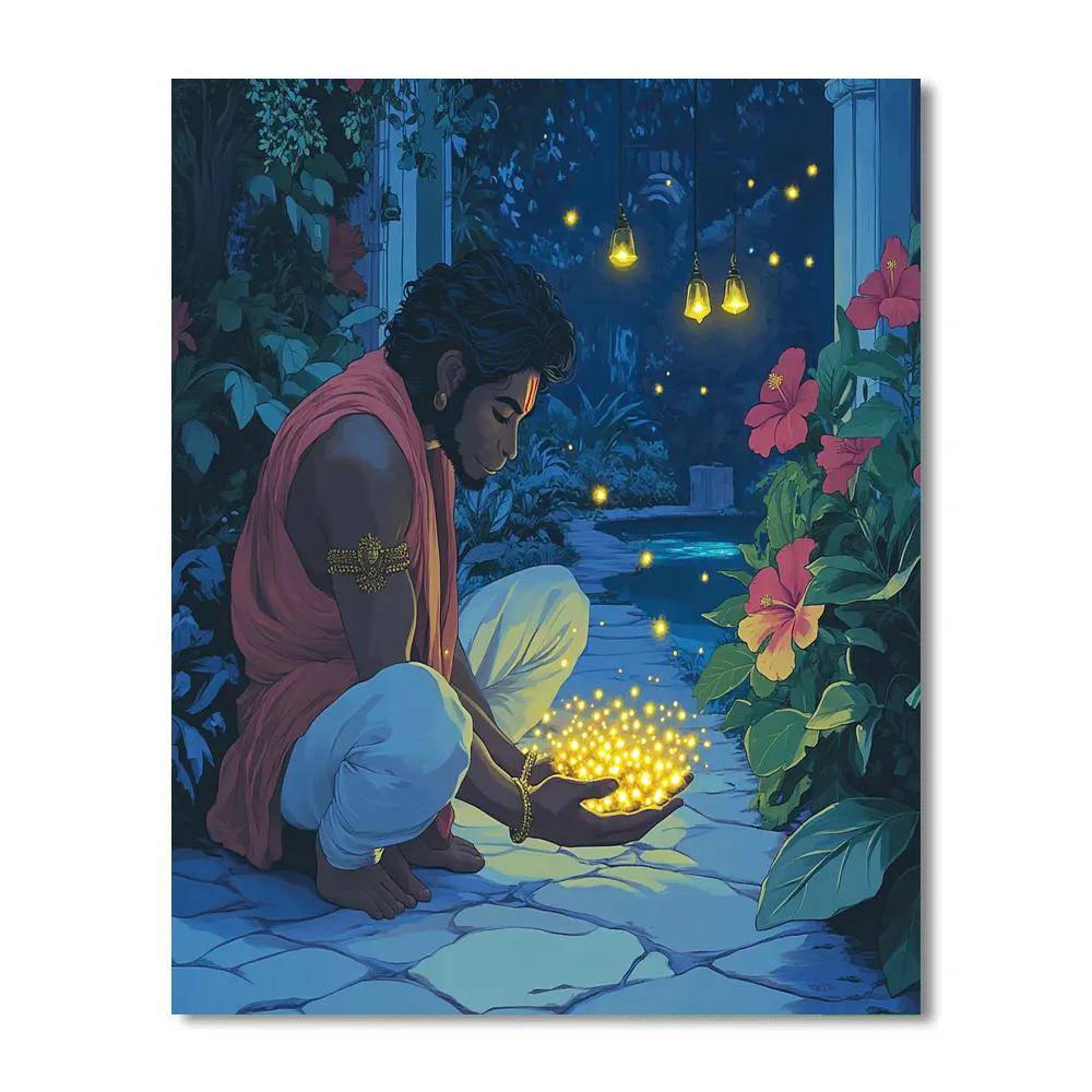Temple Garden With Hanuman And Fireflies painting number kit