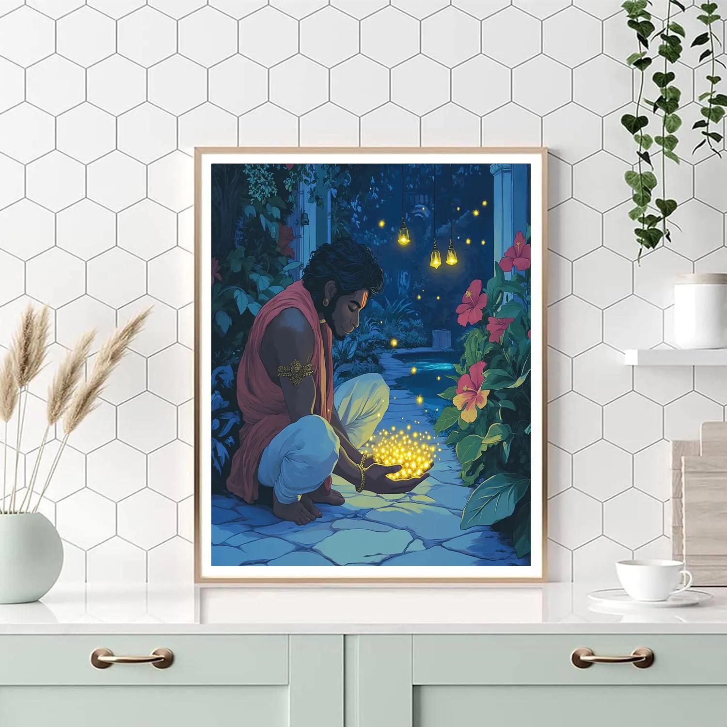Temple Garden With Hanuman And Fireflies painting number kit