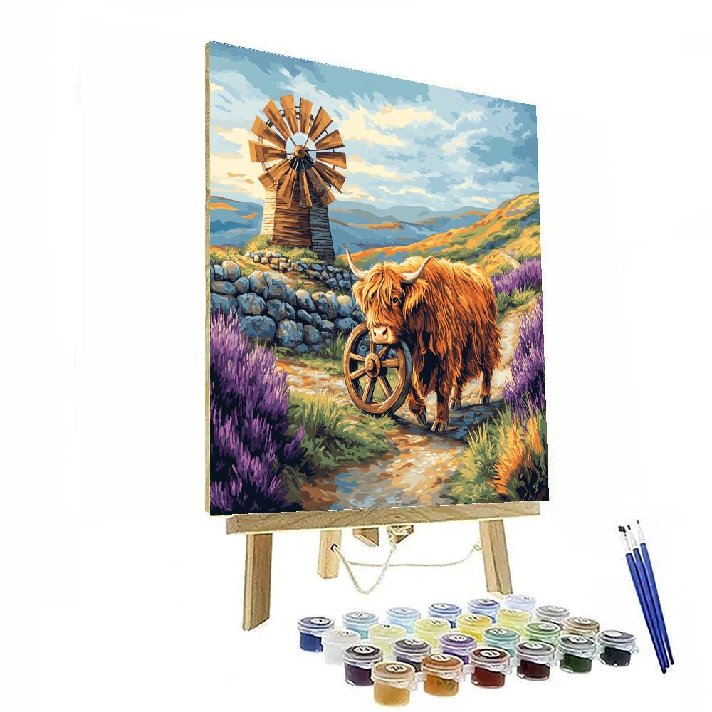 Highland Cow And The Heather Windmill paint by color