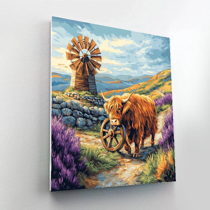 Highland Cow And The Heather Windmill paint by color