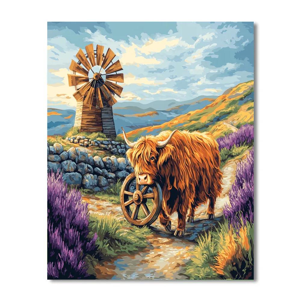 Highland Cow And The Heather Windmill paint by color