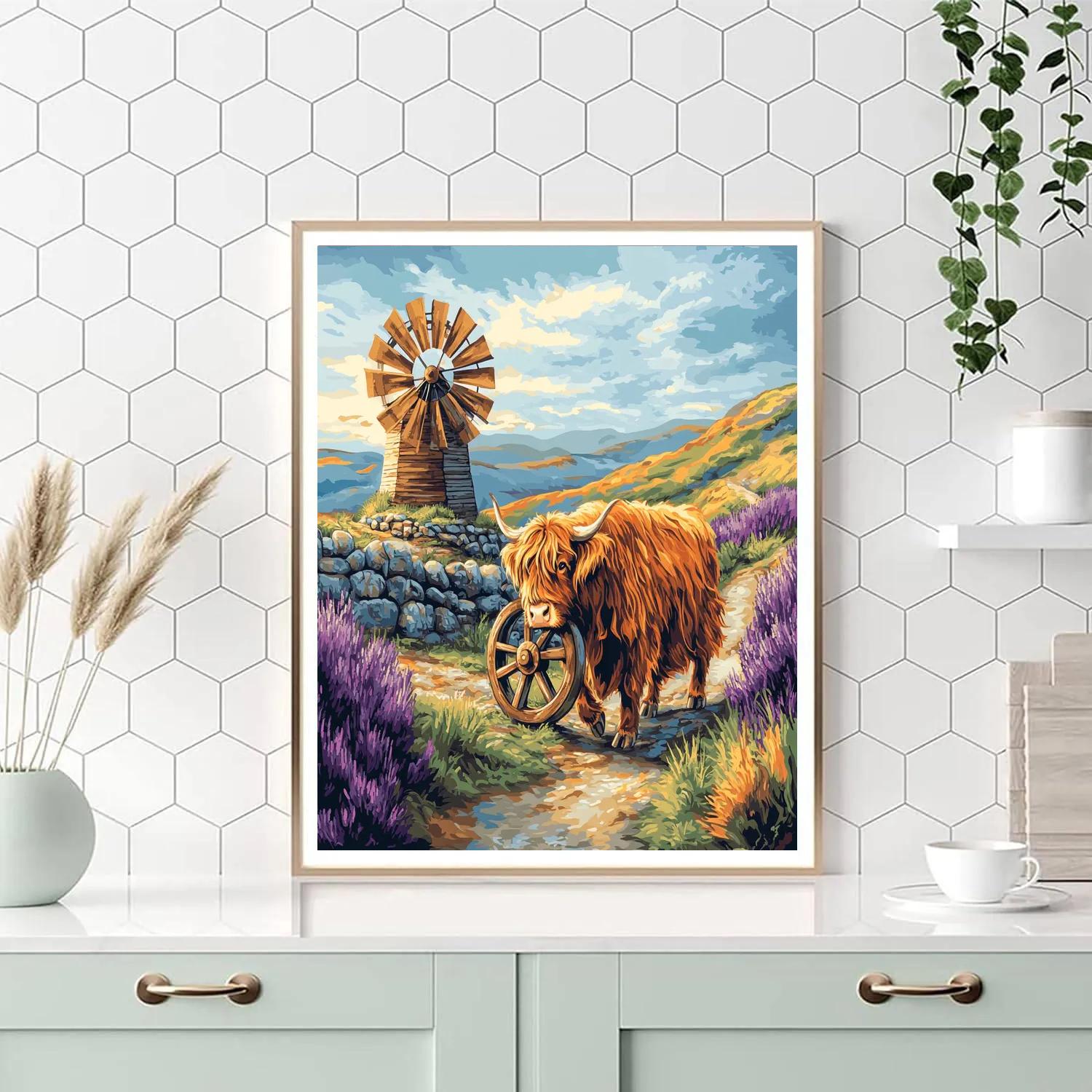 Highland Cow And The Heather Windmill paint by color