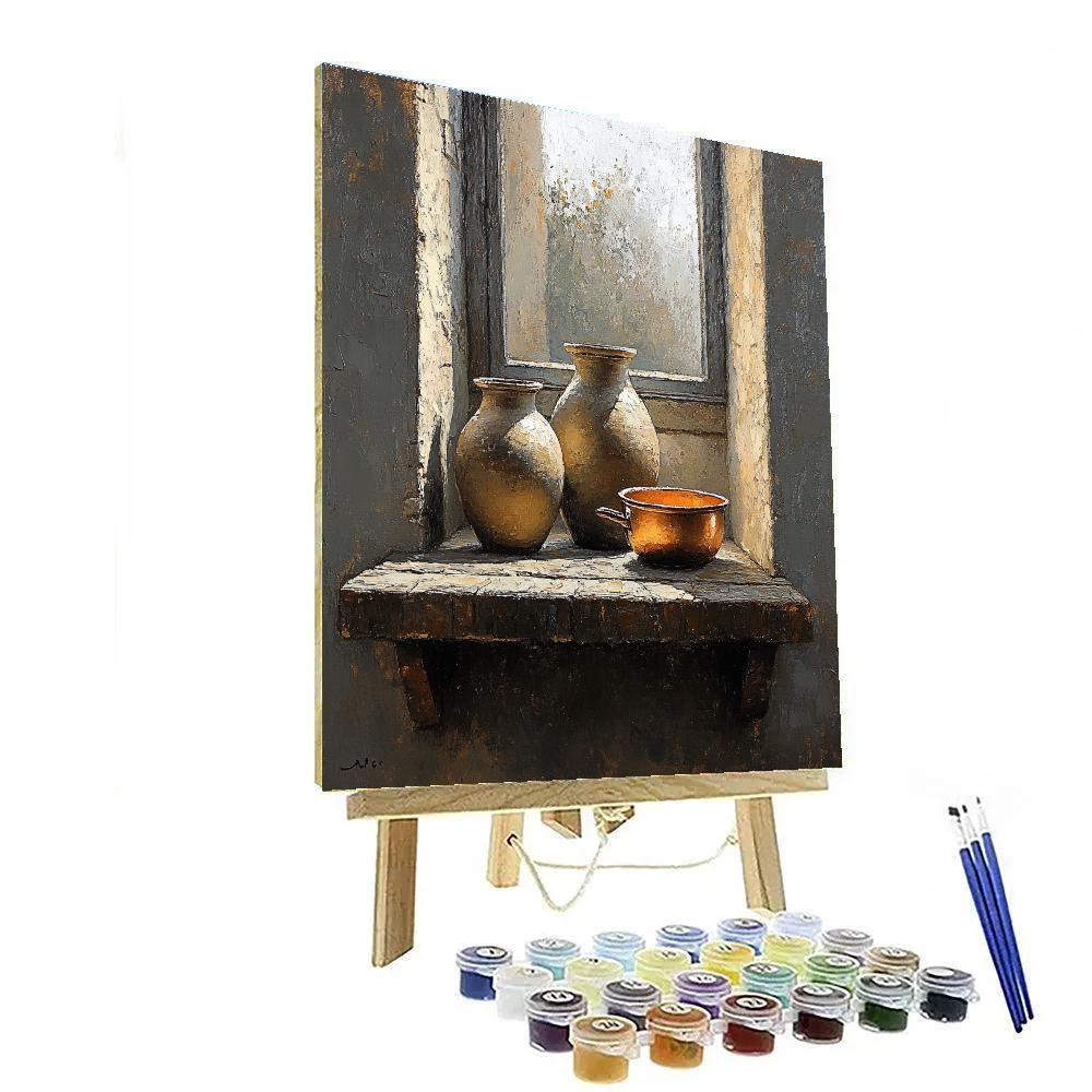 Diego Velázquez Inspired Silvery Bodegon Of Clay Jars And Copper Glints painting number kit