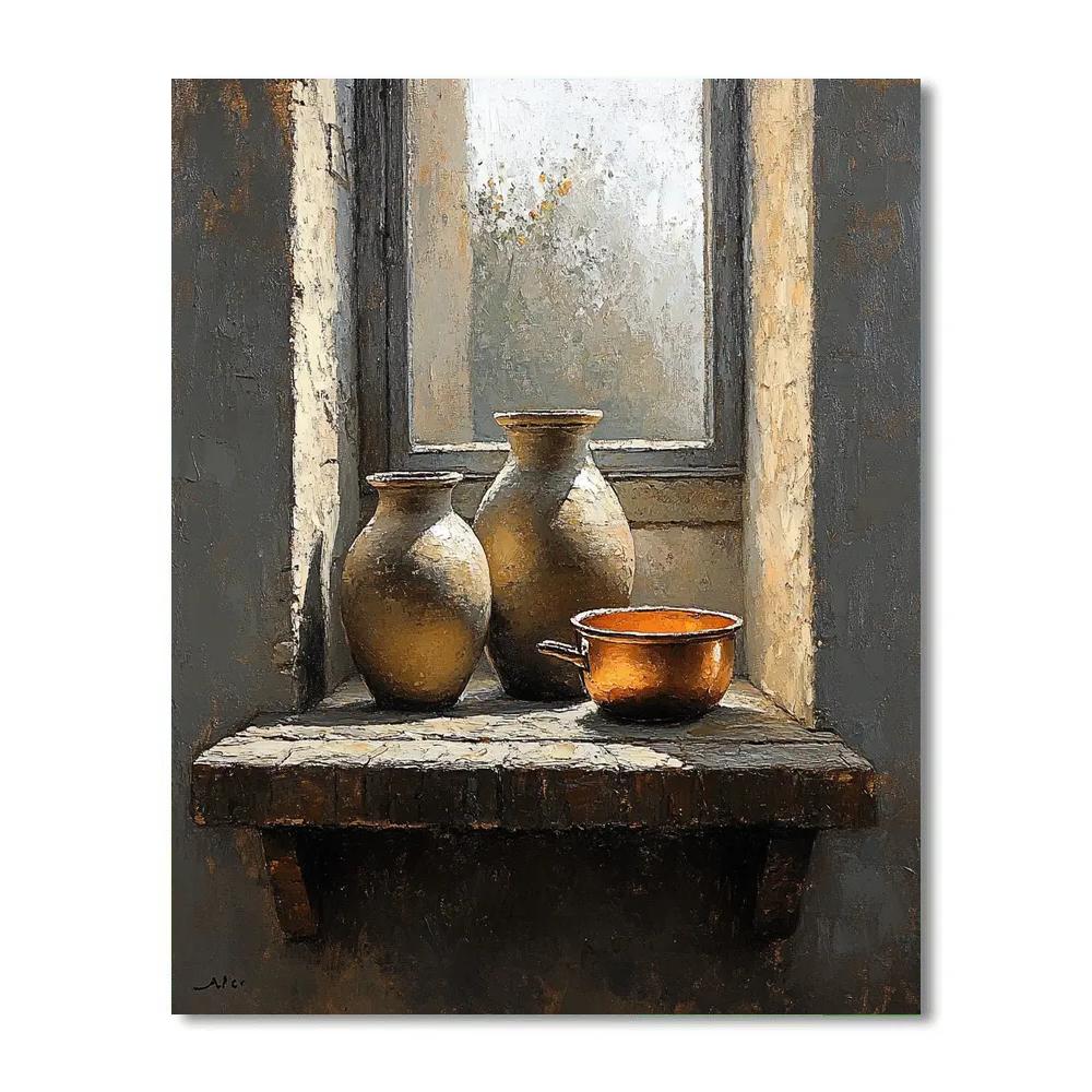 Diego Velázquez Inspired Silvery Bodegon Of Clay Jars And Copper Glints painting number kit