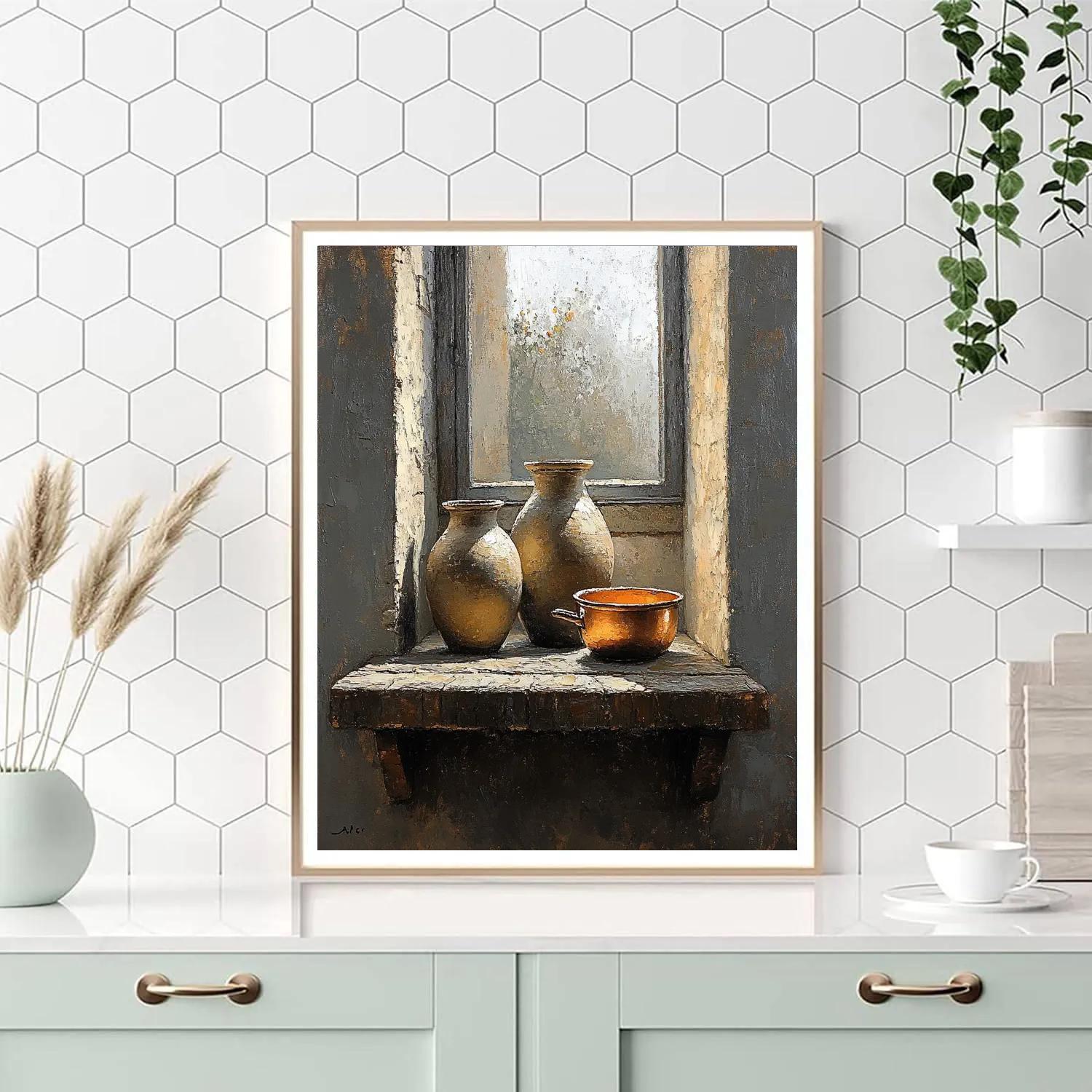 Diego Velázquez Inspired Silvery Bodegon Of Clay Jars And Copper Glints painting number kit