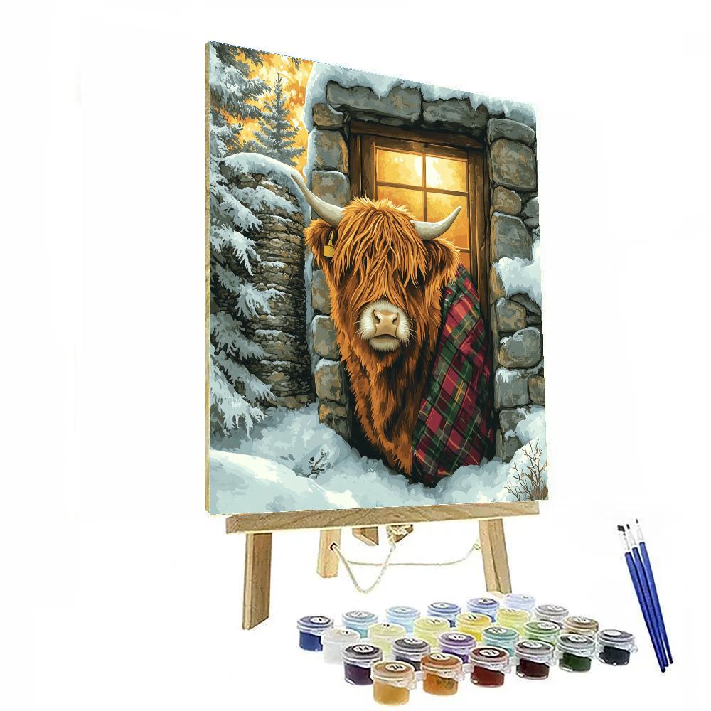 Snowy Bothy With Highland Cow At The Doorway Painting by numbers kit