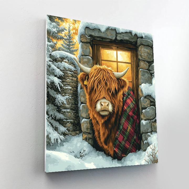Snowy Bothy With Highland Cow At The Doorway Painting by numbers kit
