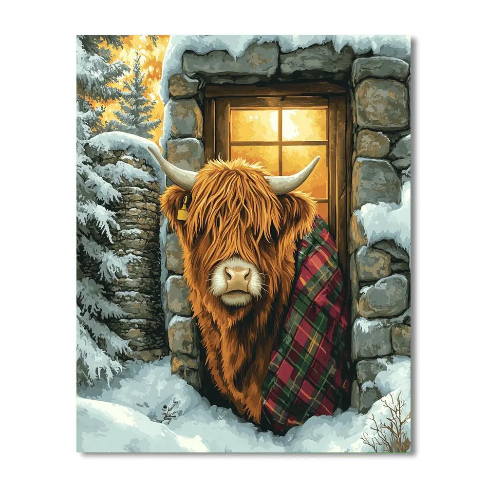 Snowy Bothy With Highland Cow At The Doorway Painting by numbers kit