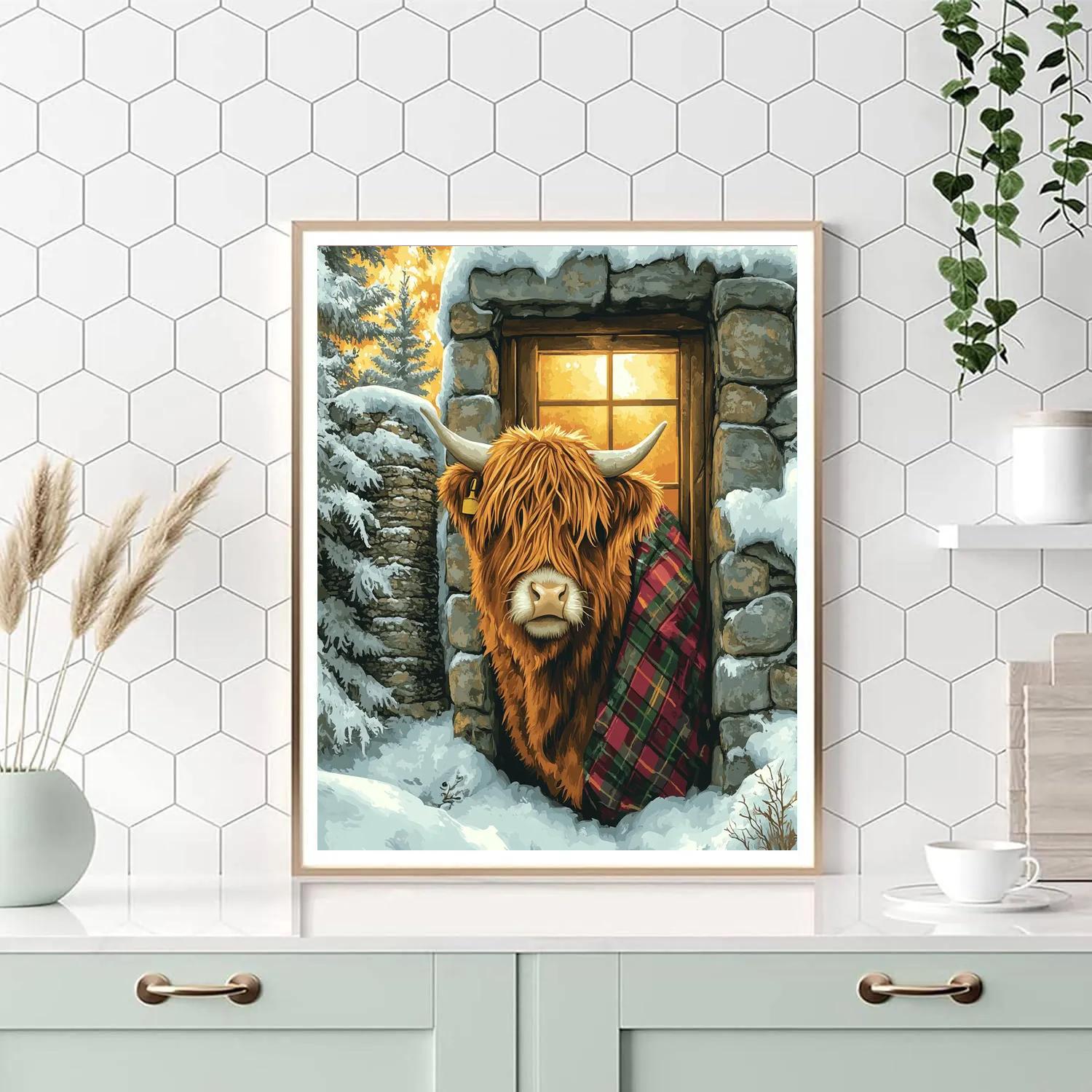 Snowy Bothy With Highland Cow At The Doorway Painting by numbers kit