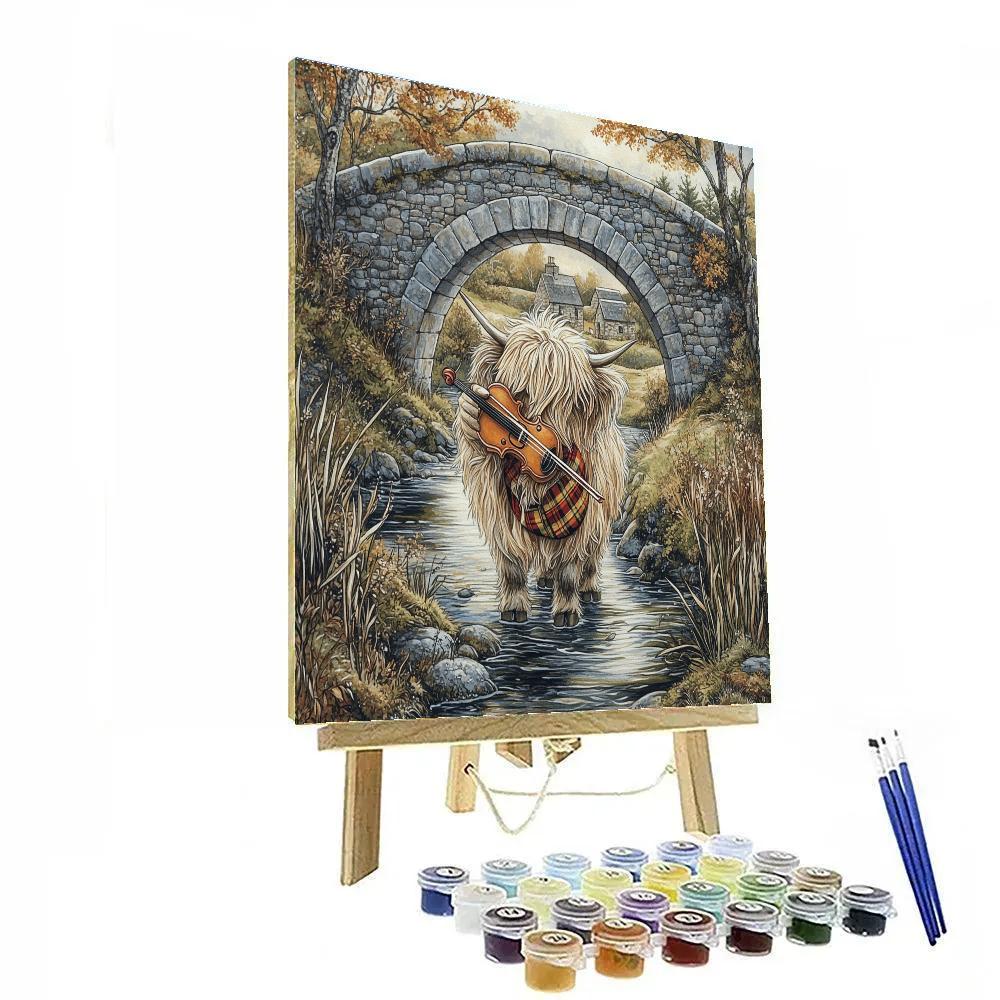 Highland Cow Violinist By The Stone Bridge paint by numbers