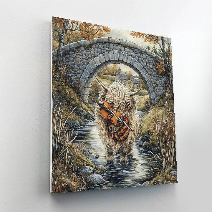 Highland Cow Violinist By The Stone Bridge paint by numbers