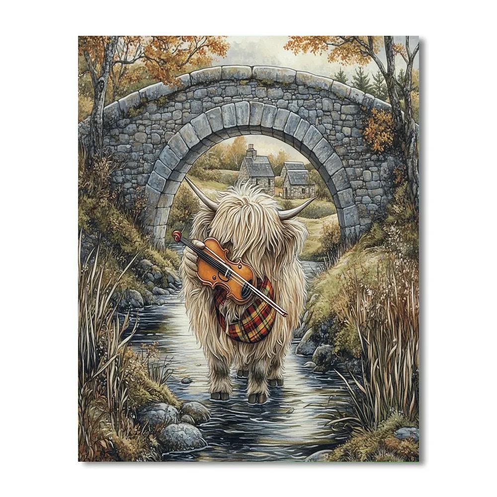 Highland Cow Violinist By The Stone Bridge paint by numbers
