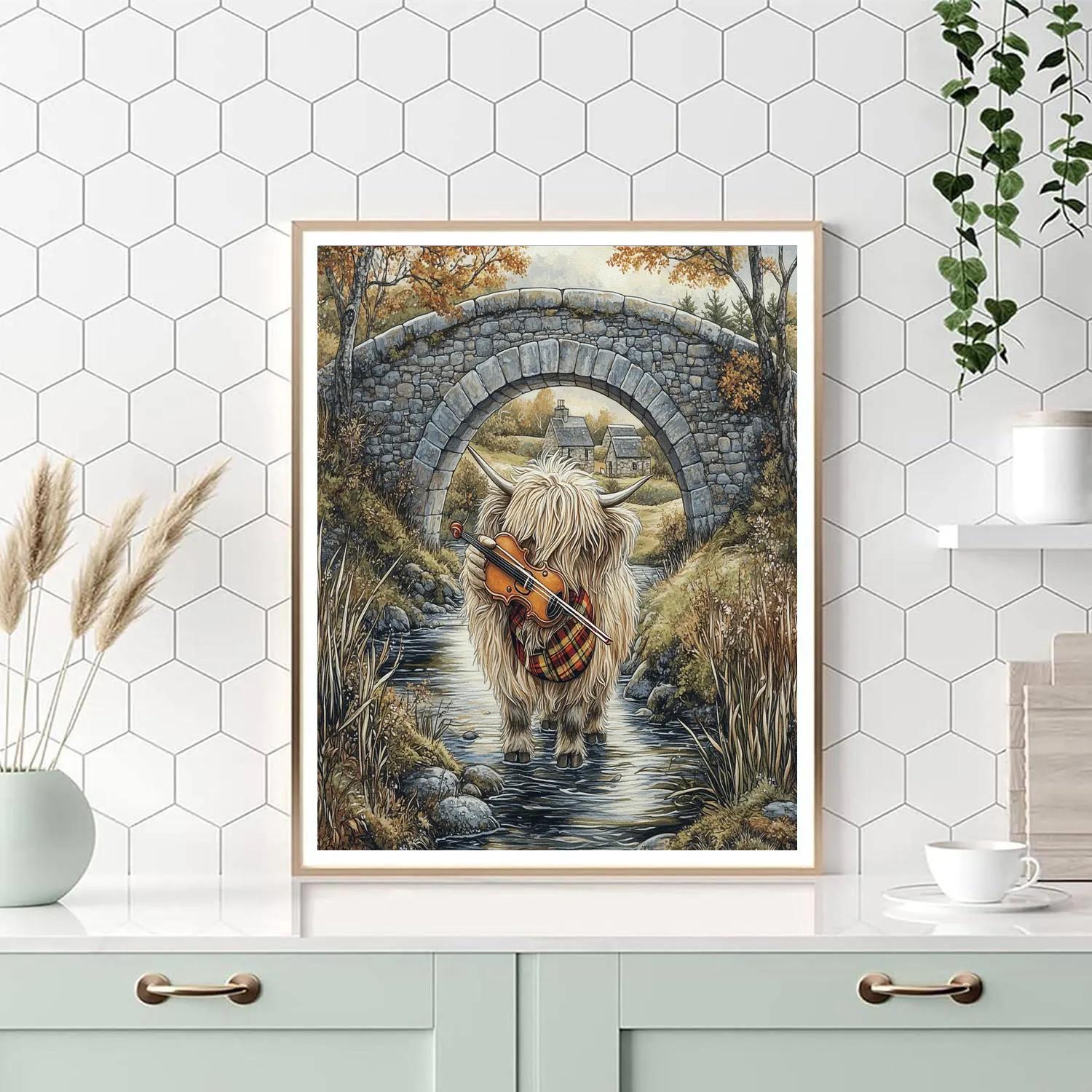 Highland Cow Violinist By The Stone Bridge paint by numbers