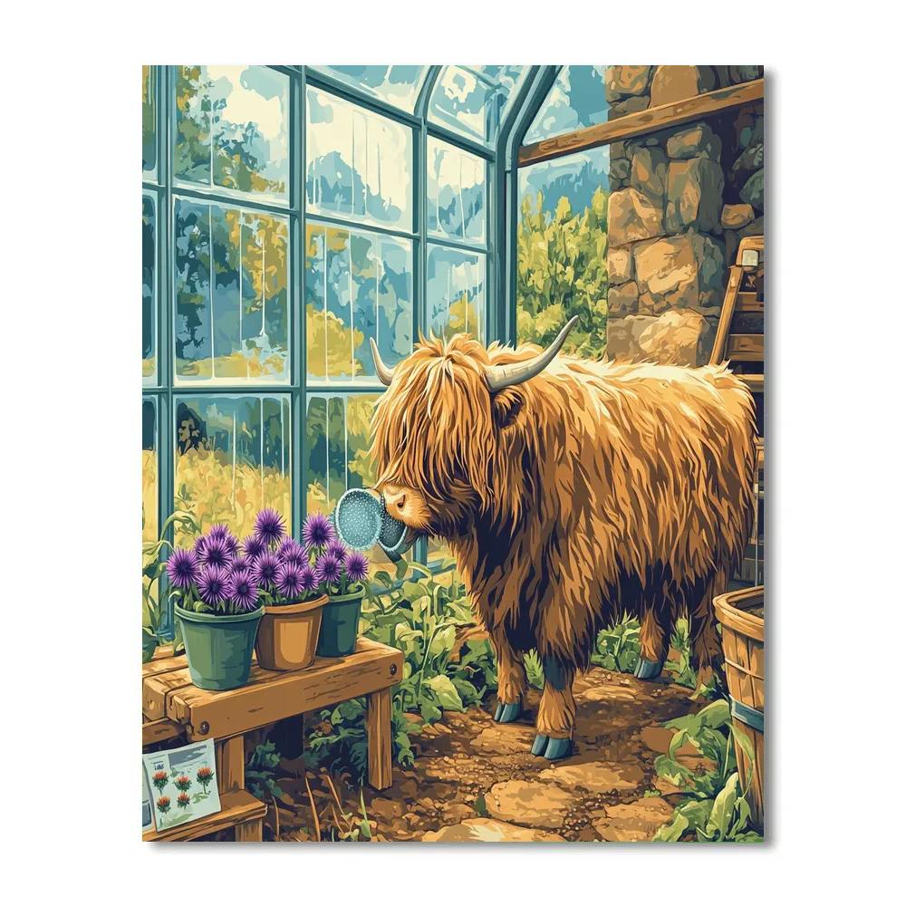 Highland Cow In The Greenhouse Of Thistles Number painting