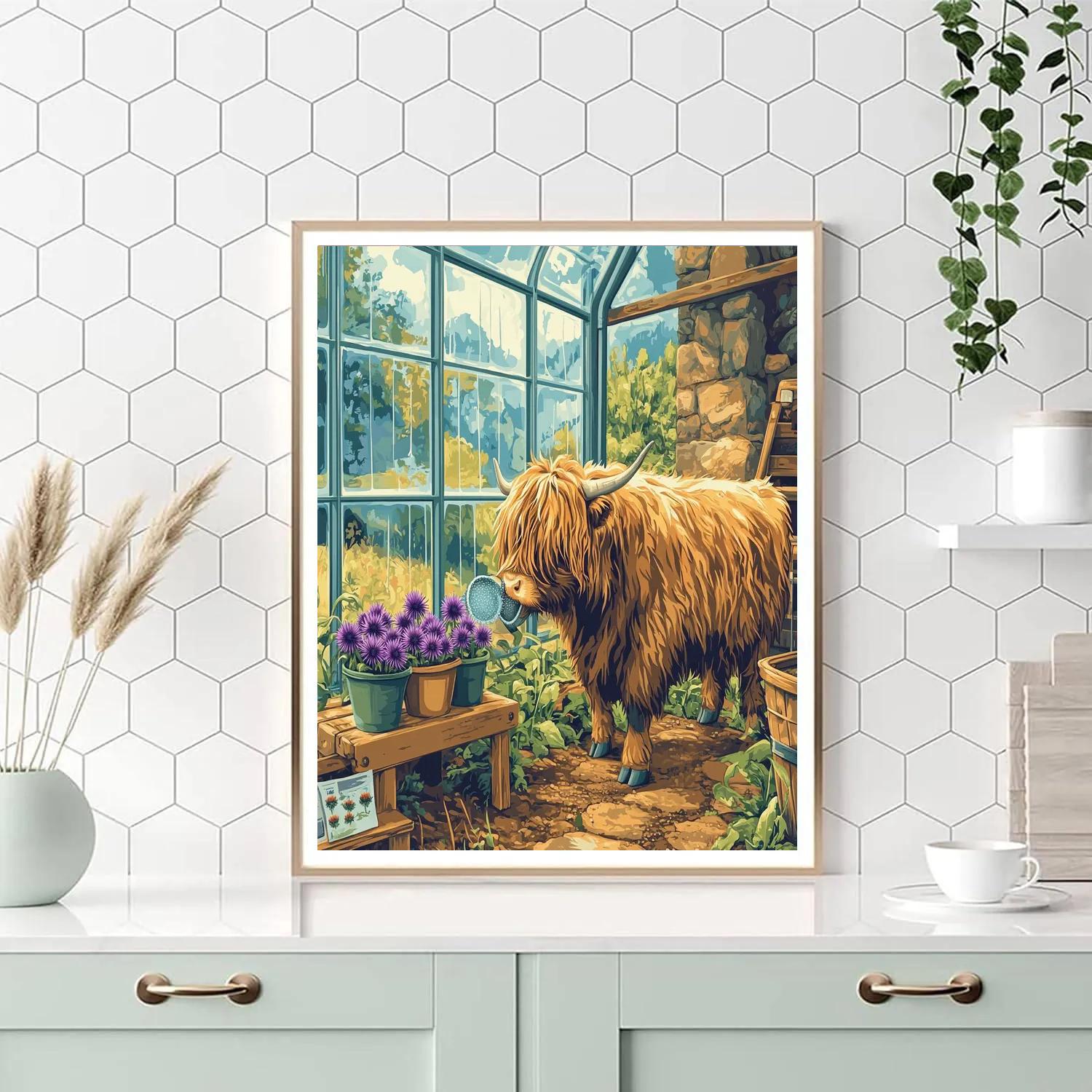 Highland Cow In The Greenhouse Of Thistles Number painting