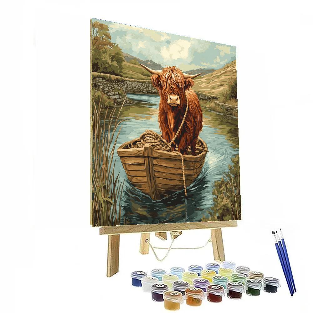River Ferry Highland Cow With Rope And Oars Paint by numbers art