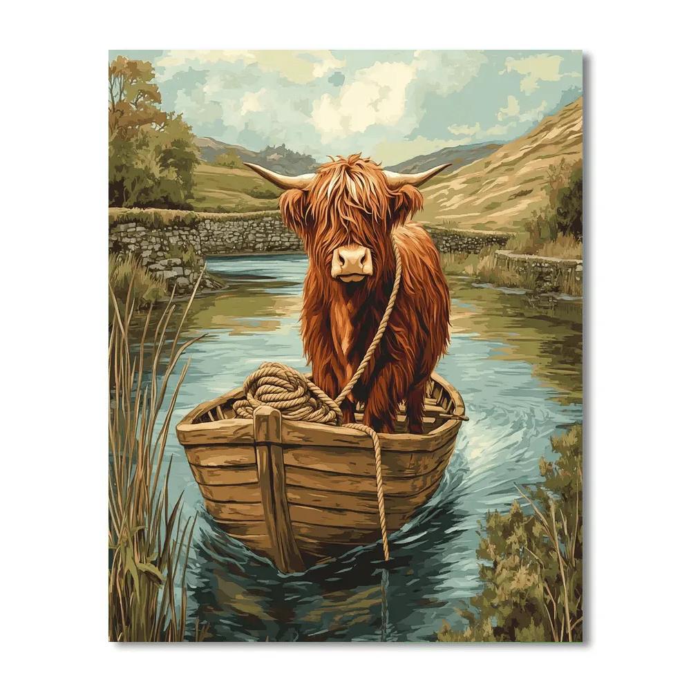River Ferry Highland Cow With Rope And Oars Paint by numbers art