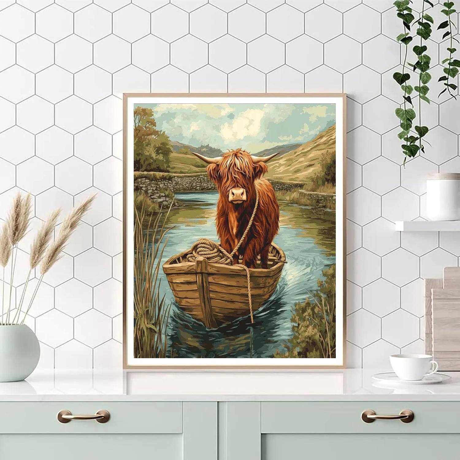 River Ferry Highland Cow With Rope And Oars Paint by numbers art