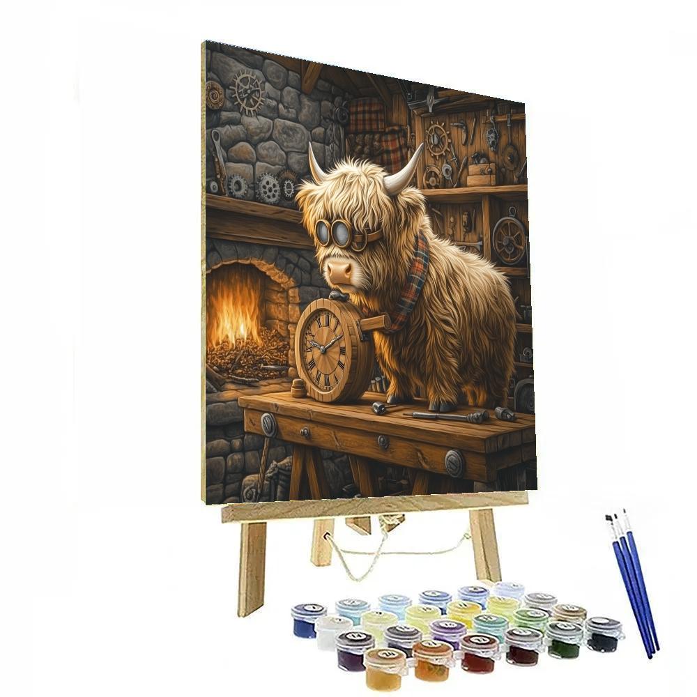 Highland Cow Clockmaker In The Croft Workshop paint by color
