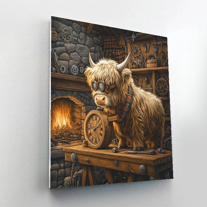 Highland Cow Clockmaker In The Croft Workshop paint by color