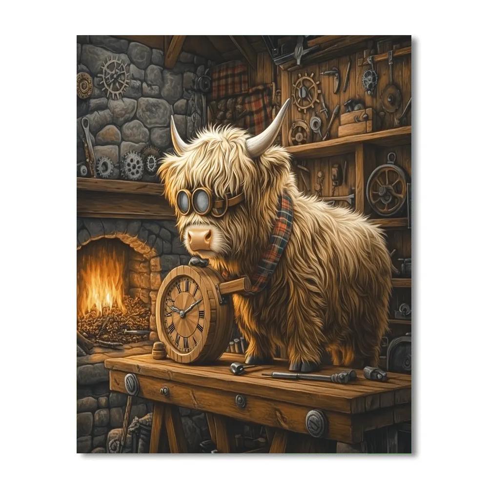 Highland Cow Clockmaker In The Croft Workshop paint by color