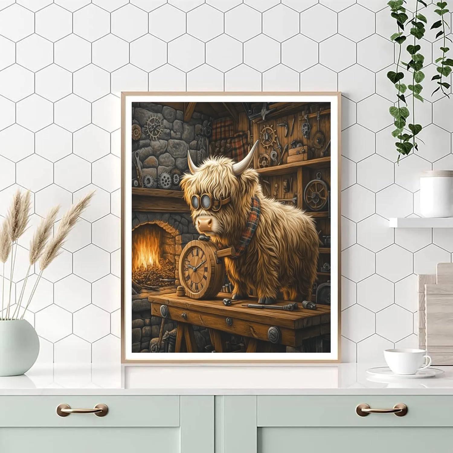 Highland Cow Clockmaker In The Croft Workshop paint by color