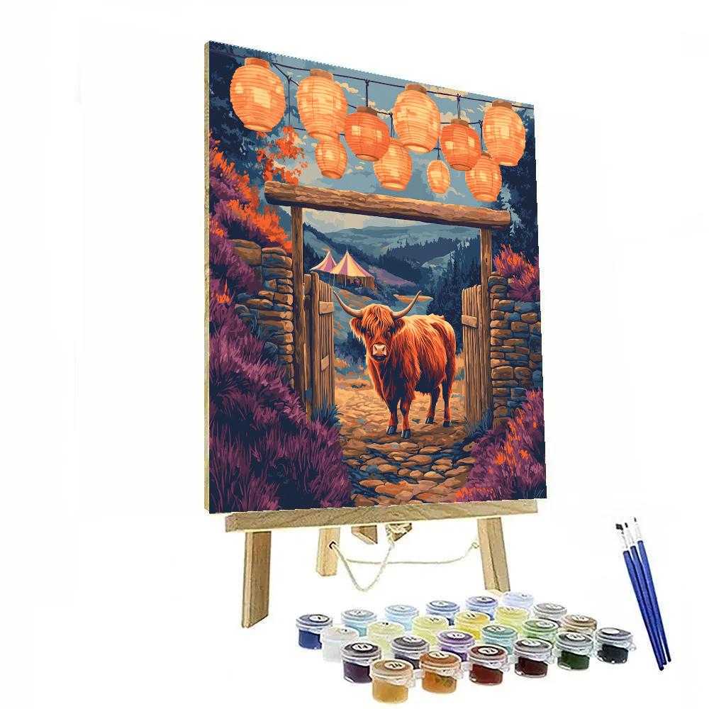 Festival Lanterns Over Highland Cow At The Glen Gate Painting by numbers kit