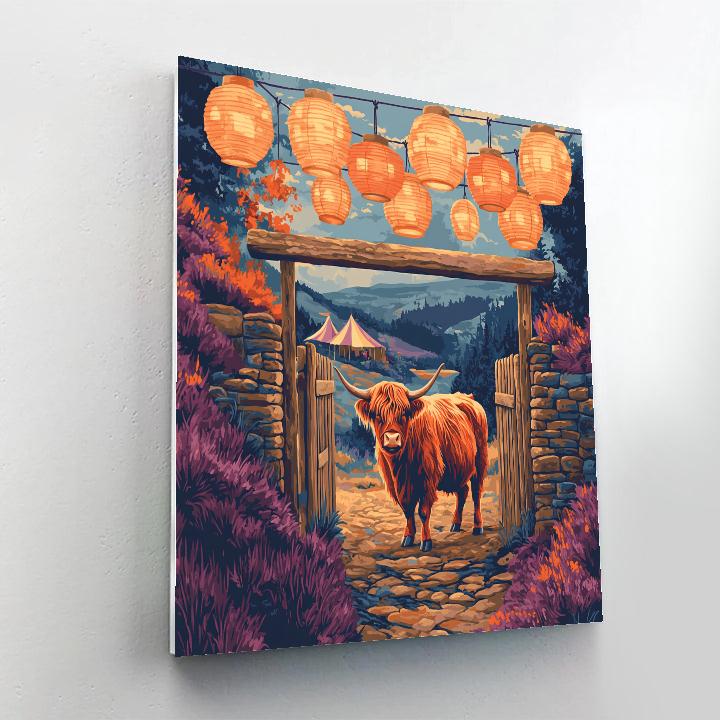 Festival Lanterns Over Highland Cow At The Glen Gate Painting by numbers kit