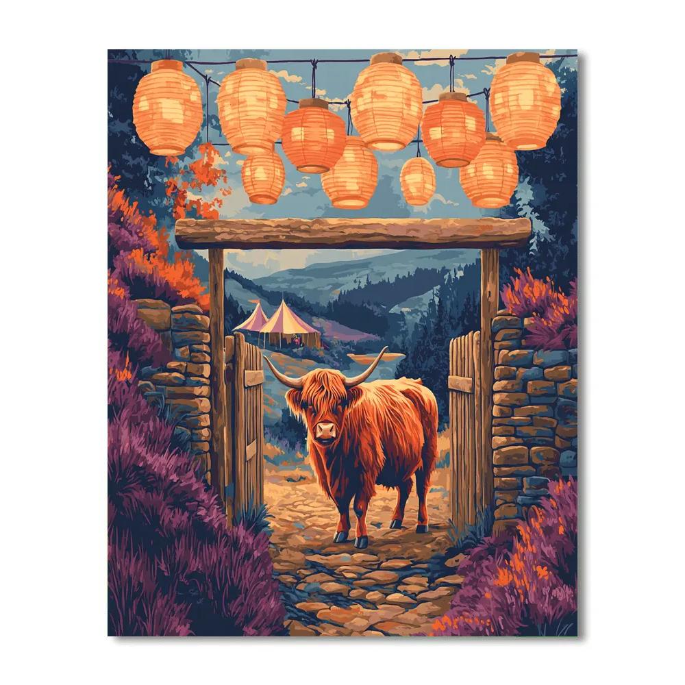 Festival Lanterns Over Highland Cow At The Glen Gate Painting by numbers kit