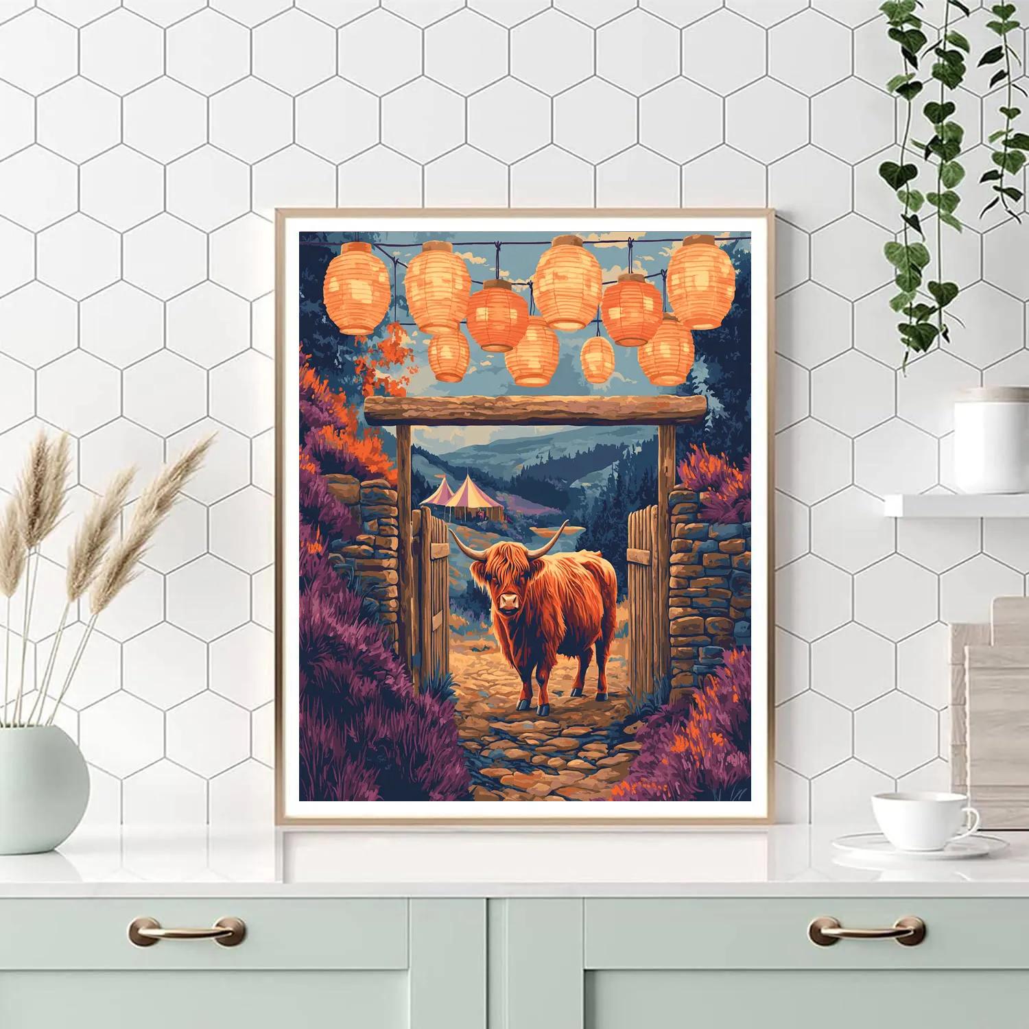 Festival Lanterns Over Highland Cow At The Glen Gate Painting by numbers kit