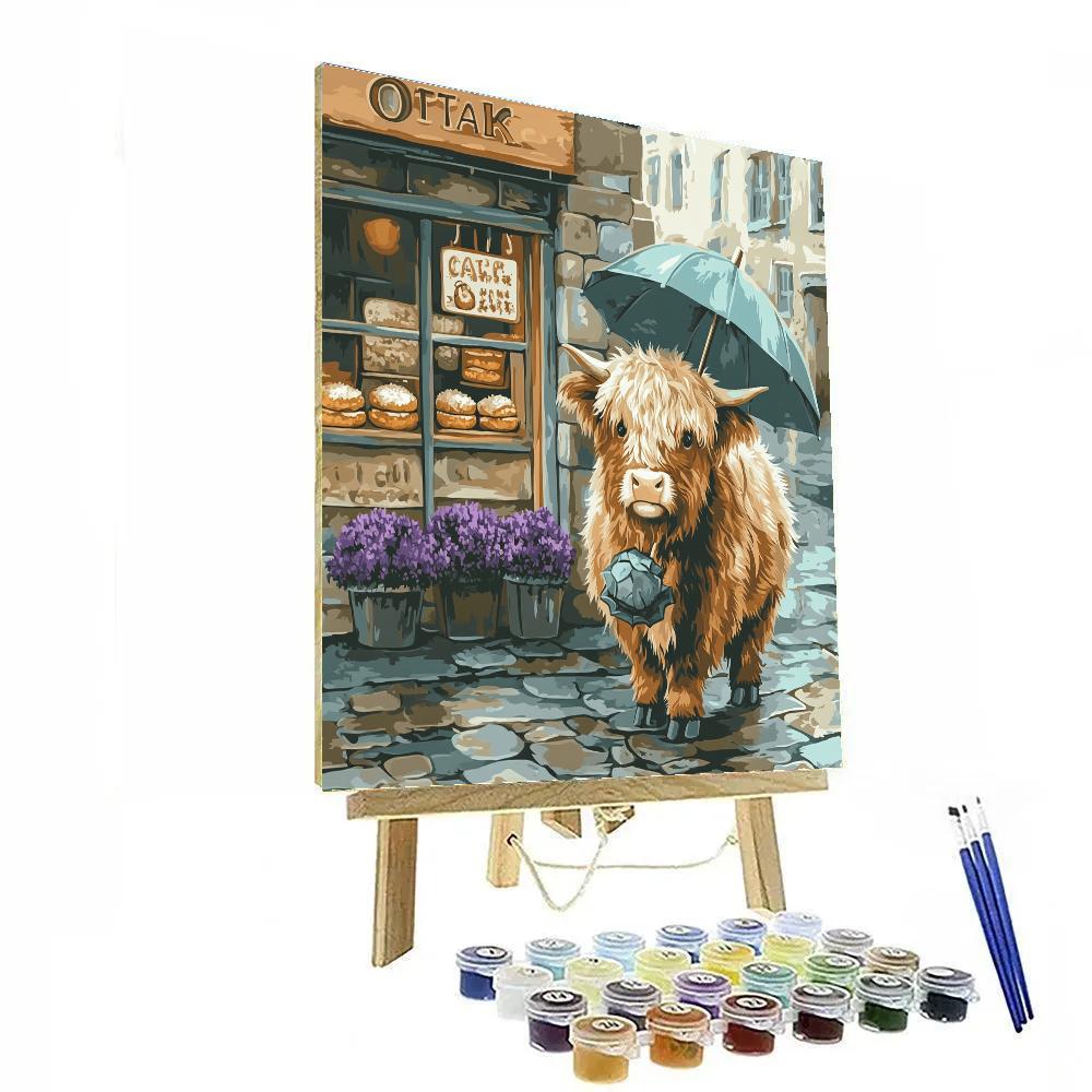 Highland Cow Bakery Queue On A Rainy Street paint by number