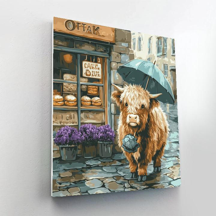 Highland Cow Bakery Queue On A Rainy Street paint by number