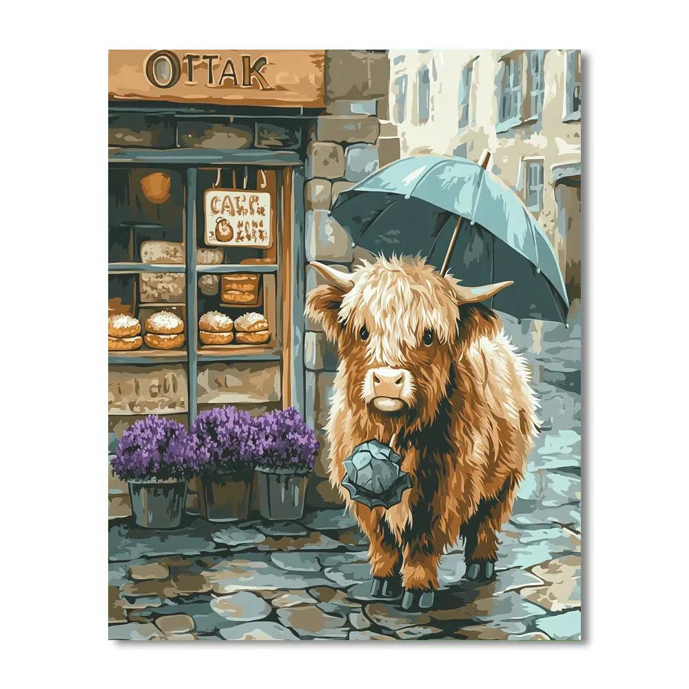 Highland Cow Bakery Queue On A Rainy Street paint by number