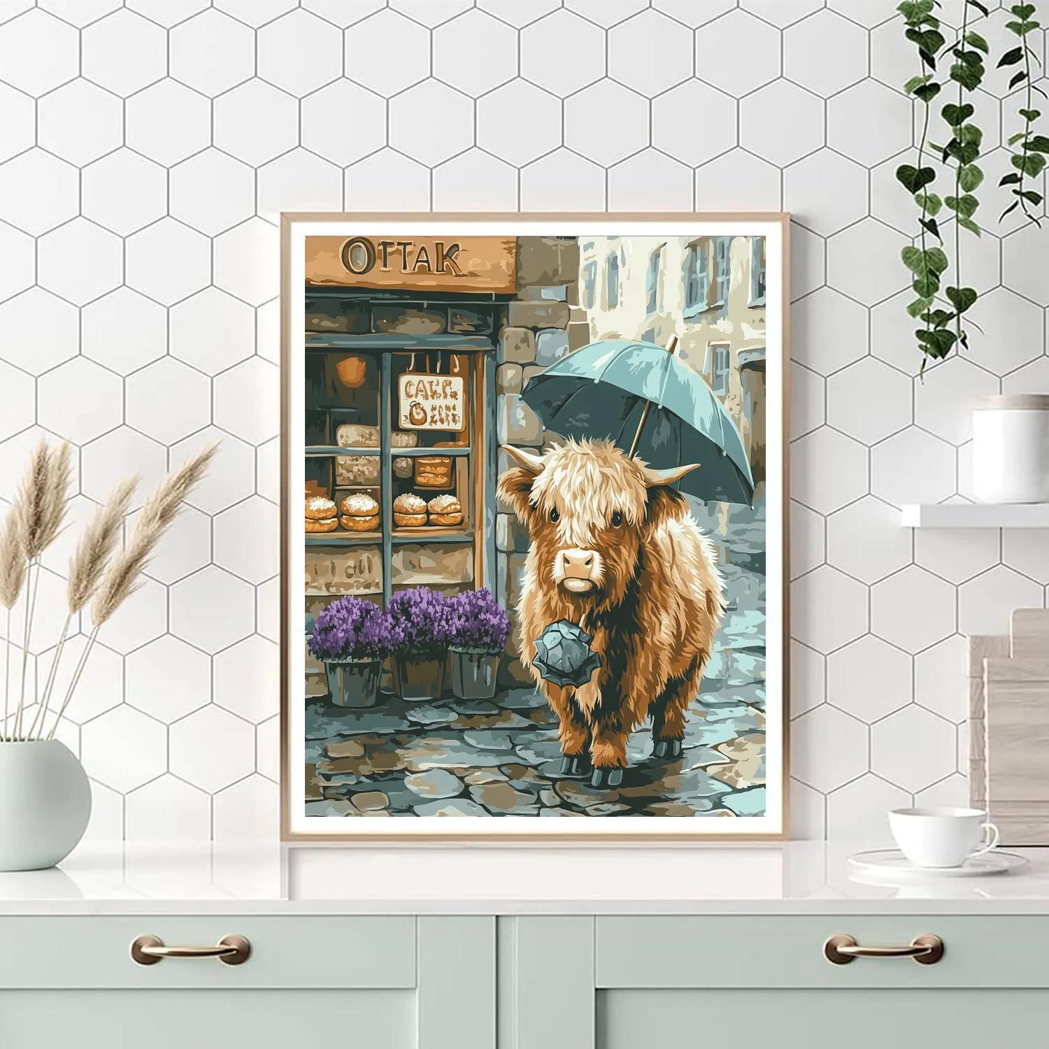 Highland Cow Bakery Queue On A Rainy Street paint by number