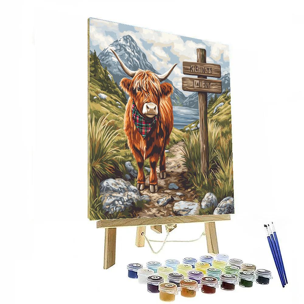 Mountain Trail Guide Highland Cow With Signpost Number painting