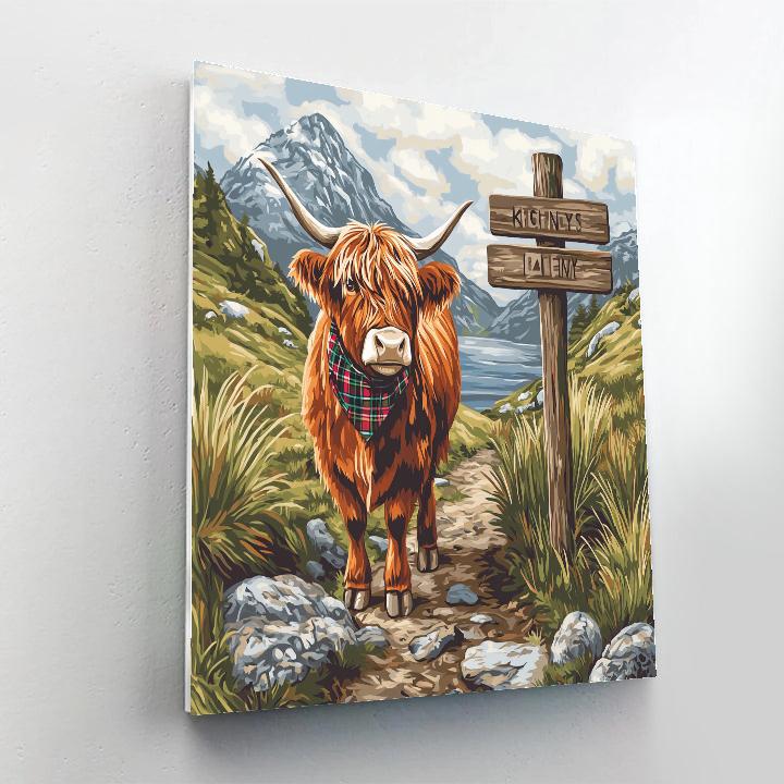 Mountain Trail Guide Highland Cow With Signpost Number painting