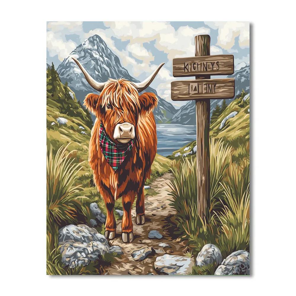 Mountain Trail Guide Highland Cow With Signpost Number painting