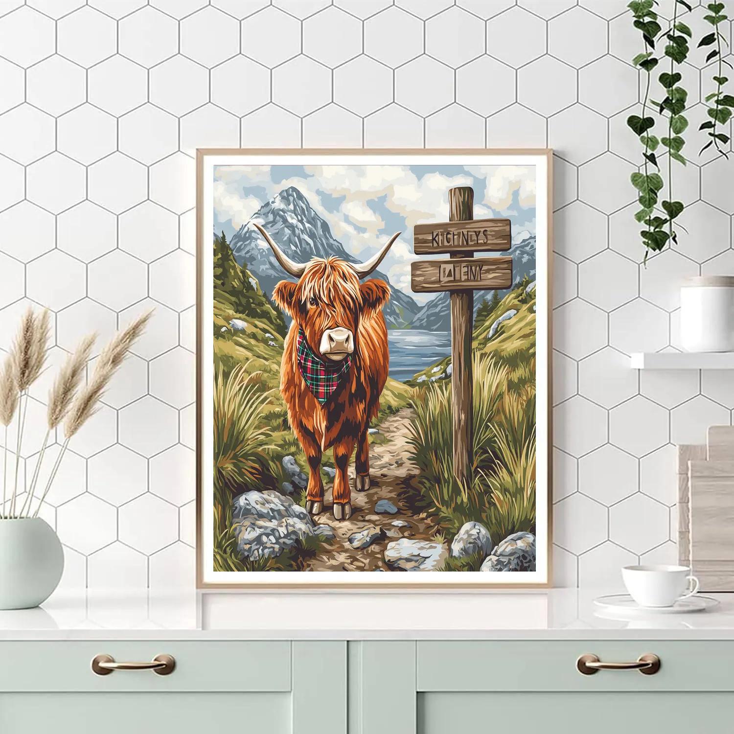 Mountain Trail Guide Highland Cow With Signpost Number painting