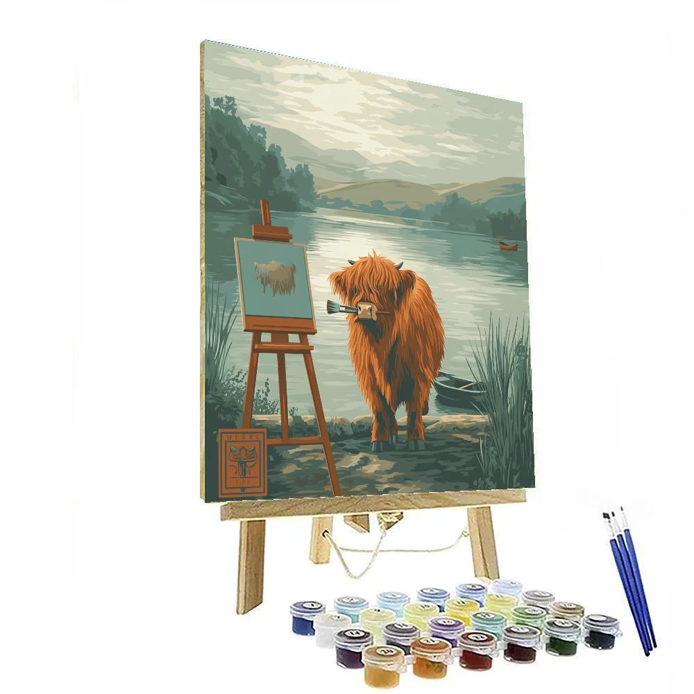 Lochside Sketching, Highland Cow With Easel paint by color